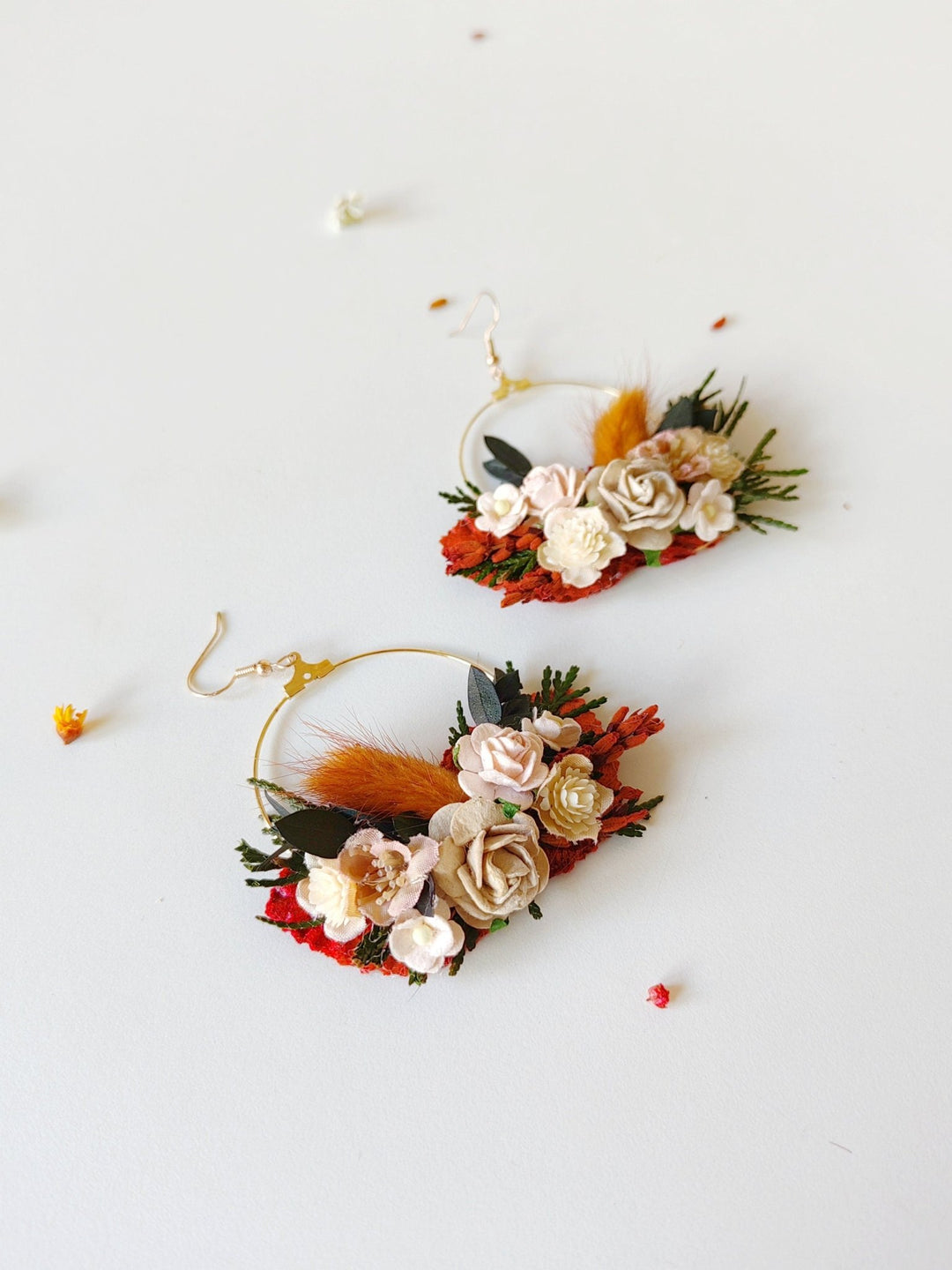 Terracotta Flower Circle Earrings: Autumn Wedding Jewelry – handmade floral hair accessory by magaela