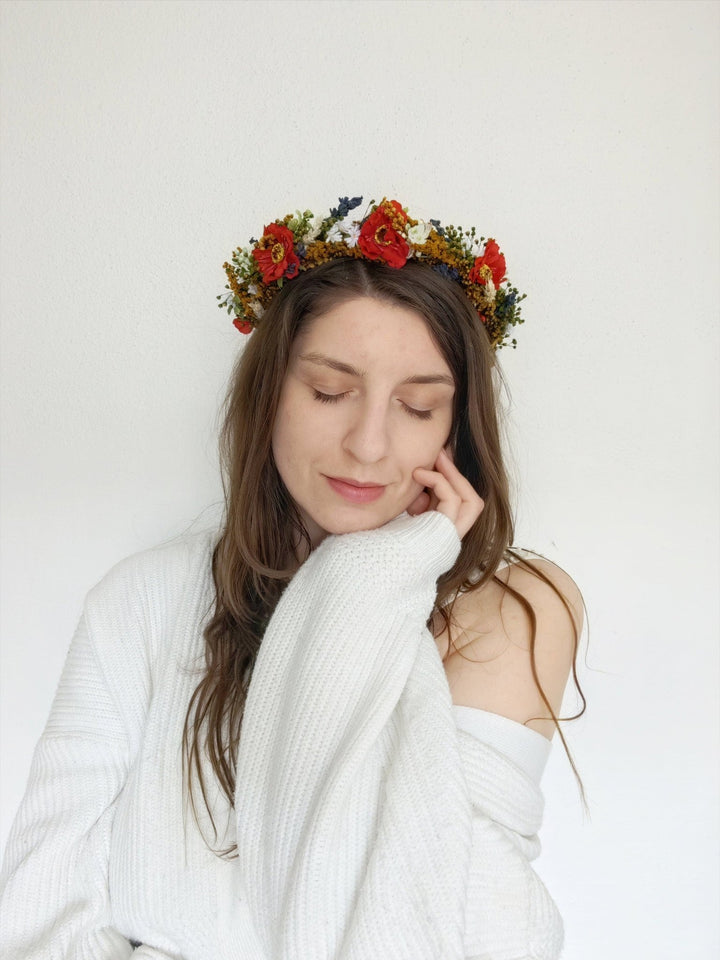 Folk Bridal Flower Half Wreath: Poppy, Lavender, Daisy Hair Crown – handmade floral hair accessory by magaela