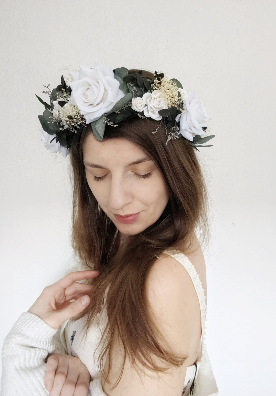 Eucalyptus Bridal Hair Wreath: White Rose Boho Flower Crown – handmade floral hair accessory by magaela