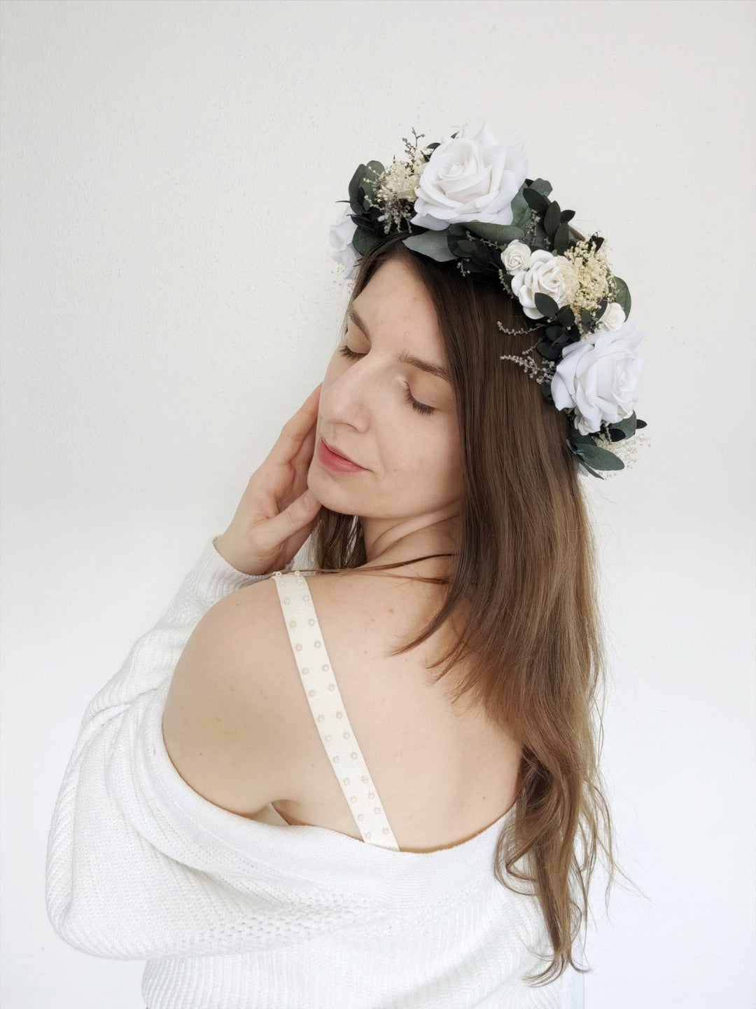 Eucalyptus Bridal Hair Wreath: White Rose Boho Flower Crown – handmade floral hair accessory by magaela