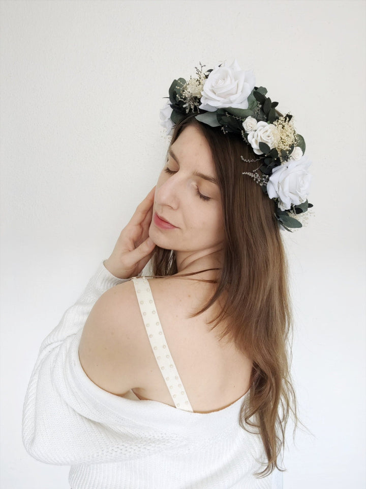 Eucalyptus Bridal Hair Wreath: White Rose Boho Flower Crown – handmade floral hair accessory by magaela