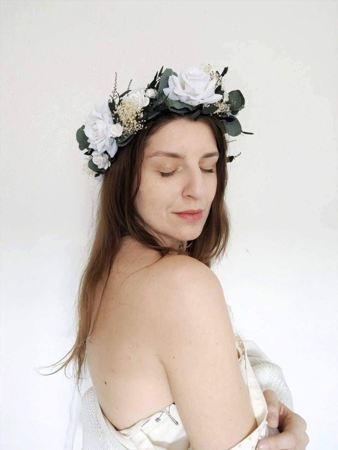 Eucalyptus Bridal Hair Wreath: White Rose Boho Flower Crown – handmade floral hair accessory by magaela