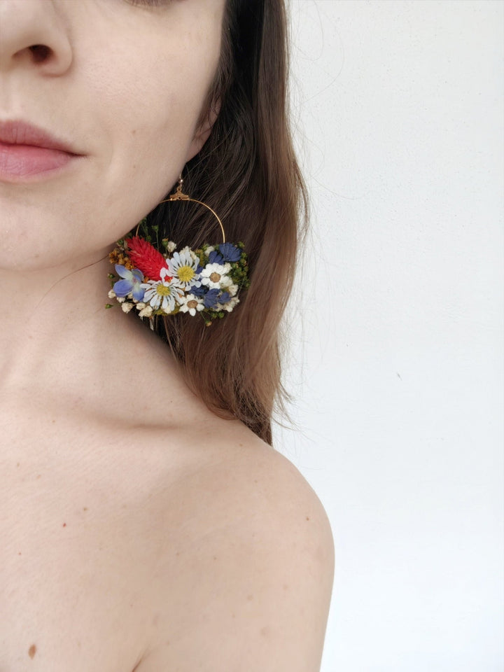 Folk Meadow Flower Circle Earrings: Garden Wedding Jewelry – handmade floral hair accessory by magaela