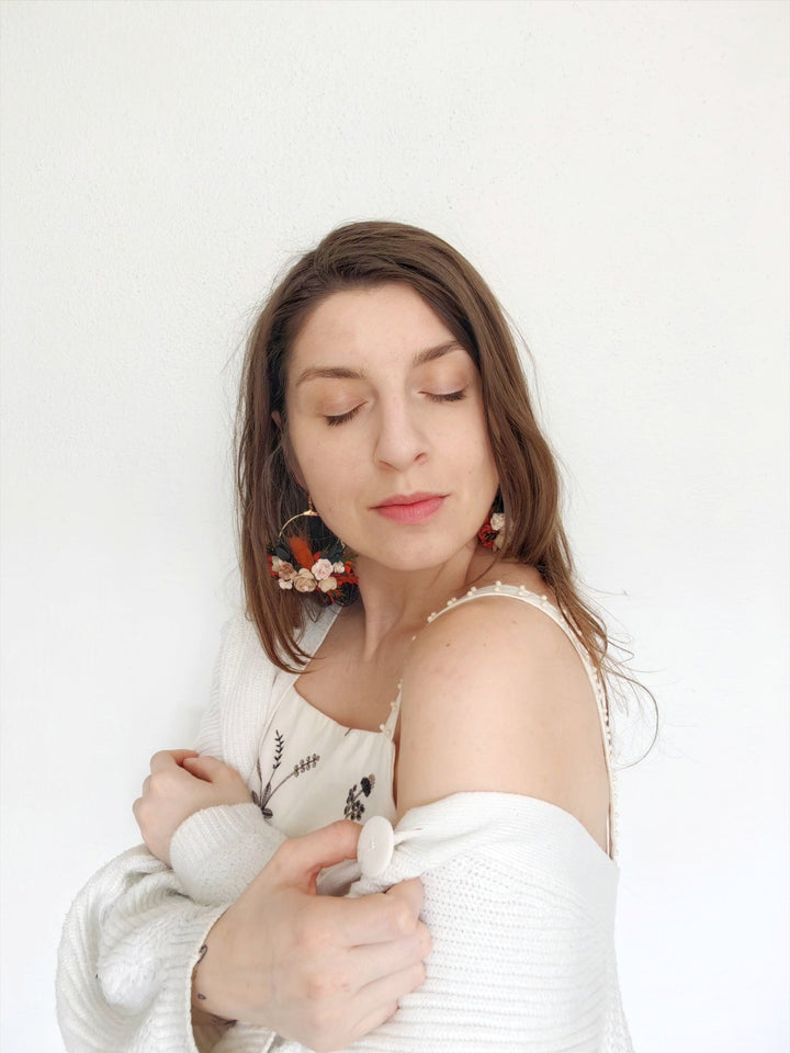 Terracotta Flower Circle Earrings: Autumn Wedding Jewelry – handmade floral hair accessory by magaela