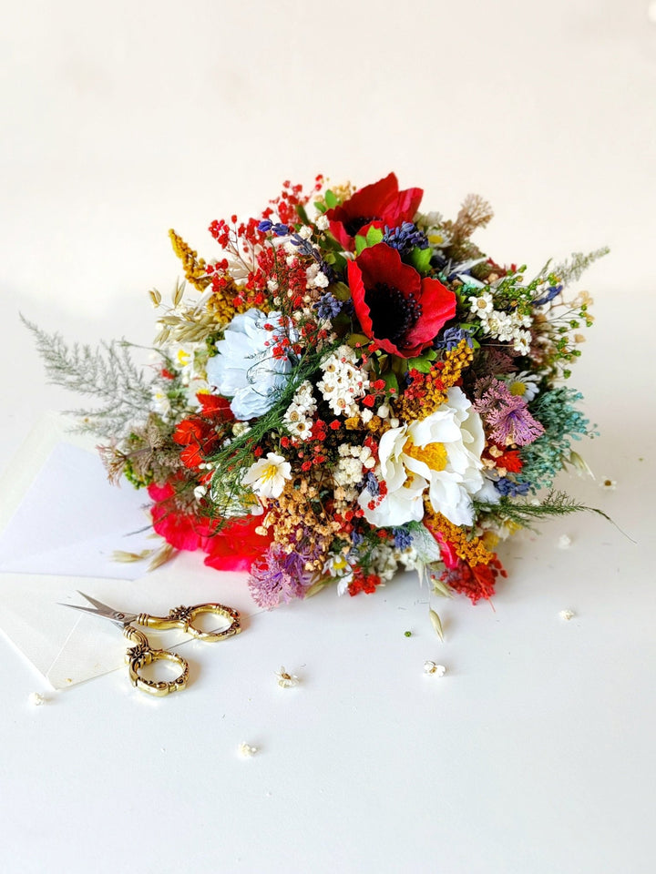 Red Poppy Wedding Bouquet: Folk Slavic Bridal Flowers – handmade floral hair accessory by magaela