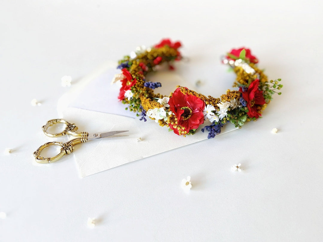 Folk Bridal Flower Half Wreath: Poppy, Lavender, Daisy Hair Crown – handmade floral hair accessory by magaela
