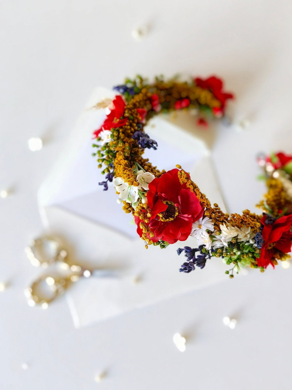 Folk Bridal Flower Half Wreath: Poppy, Lavender, Daisy Hair Crown – handmade floral hair accessory by magaela