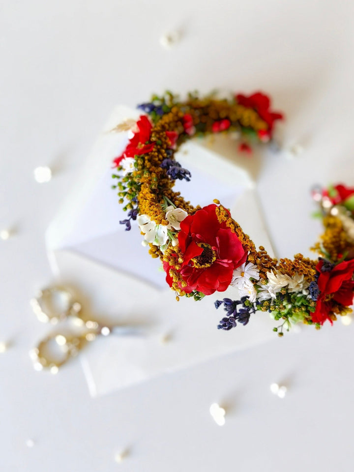 Folk Bridal Flower Half Wreath: Poppy, Lavender, Daisy Hair Crown – handmade floral hair accessory by magaela