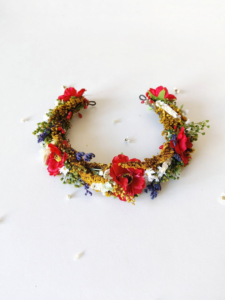 Folk Bridal Flower Half Wreath: Poppy, Lavender, Daisy Hair Crown – handmade floral hair accessory by magaela