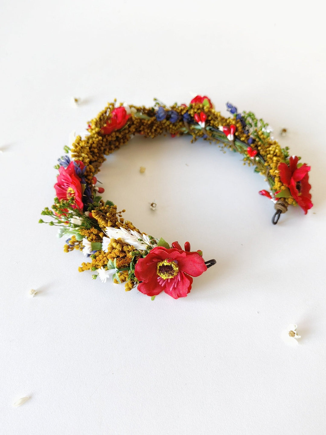 Folk Bridal Flower Half Wreath: Poppy, Lavender, Daisy Hair Crown – handmade floral hair accessory by magaela