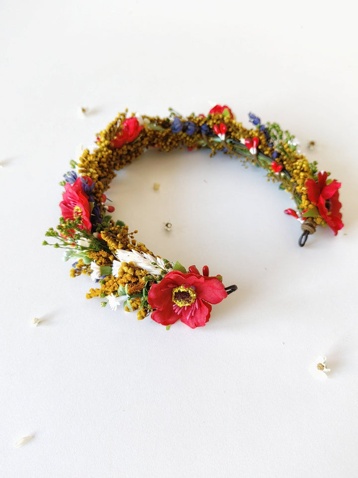 Folk Bridal Flower Half Wreath: Poppy, Lavender, Daisy Hair Crown – handmade floral hair accessory by magaela