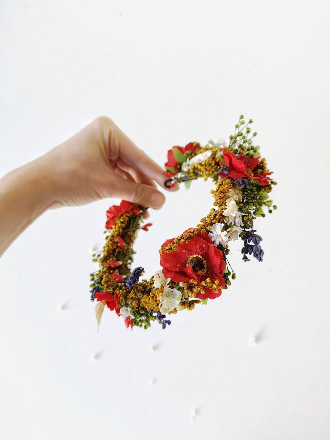 Folk Bridal Flower Half Wreath: Poppy, Lavender, Daisy Hair Crown – handmade floral hair accessory by magaela
