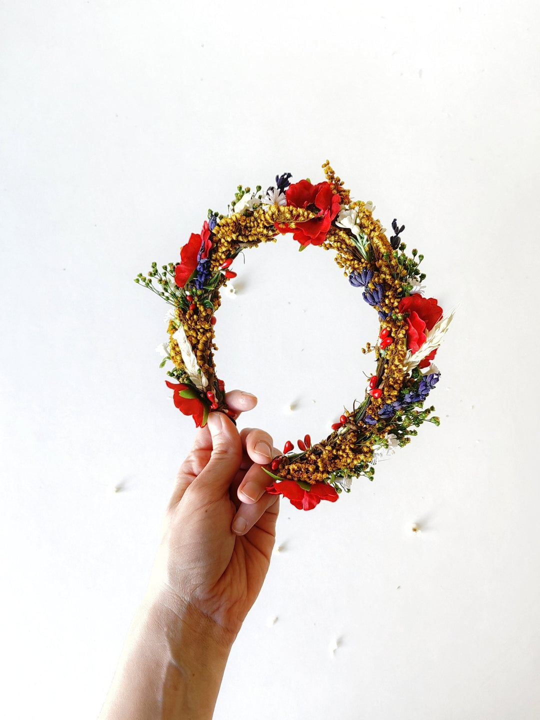 Folk Bridal Flower Half Wreath: Poppy, Lavender, Daisy Hair Crown – handmade floral hair accessory by magaela