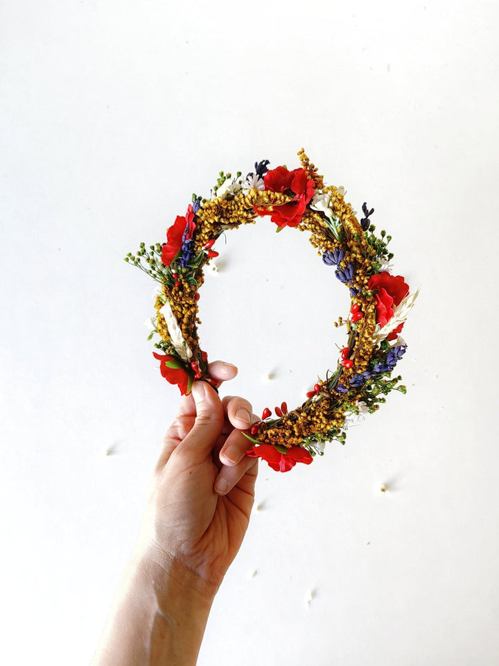 Folk Bridal Flower Half Wreath: Poppy, Lavender, Daisy Hair Crown – handmade floral hair accessory by magaela
