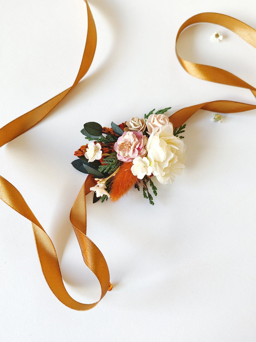 Autumn Wedding Corsage: Burnt Orange, Ivory & Pink Flower Bracelet – handmade floral hair accessory by magaela