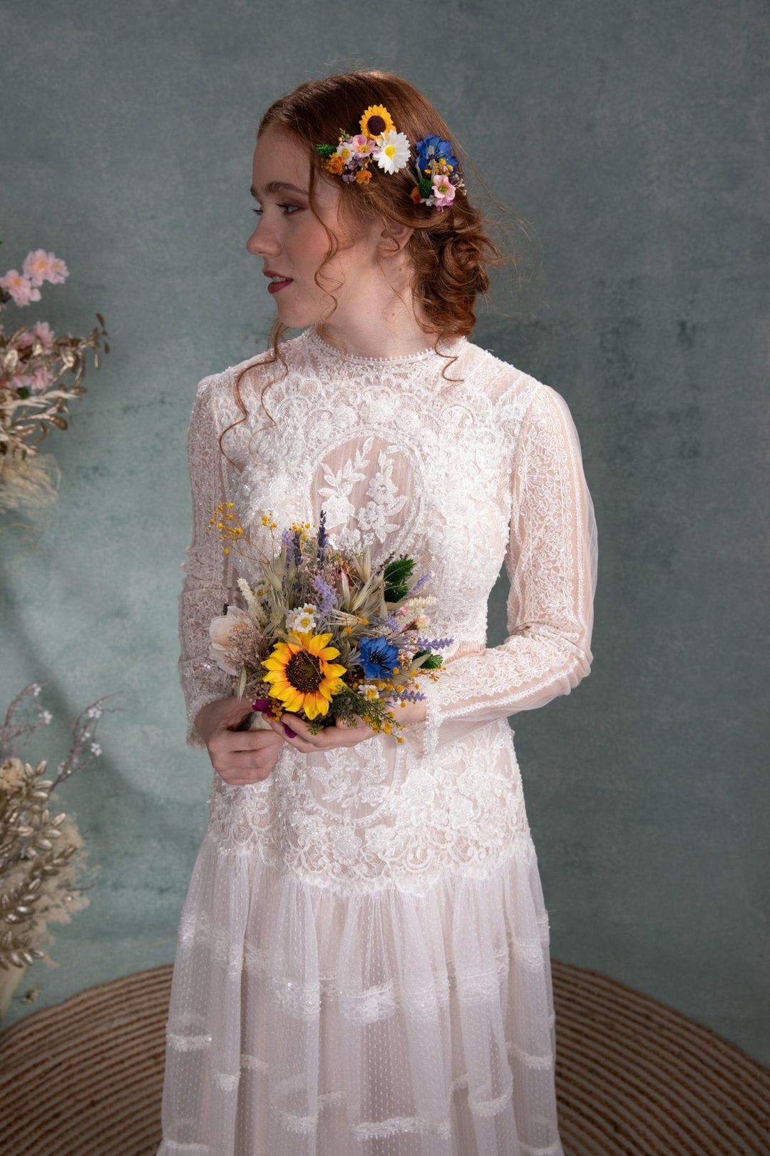 Small Sunflower Bouquet: Artificial Wildflower Bridesmaid Bouquet – handmade floral hair accessory by magaela