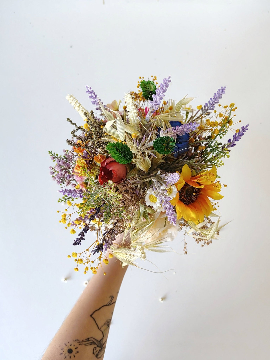 Small Sunflower Bouquet: Artificial Wildflower Bridesmaid Bouquet – handmade floral hair accessory by magaela