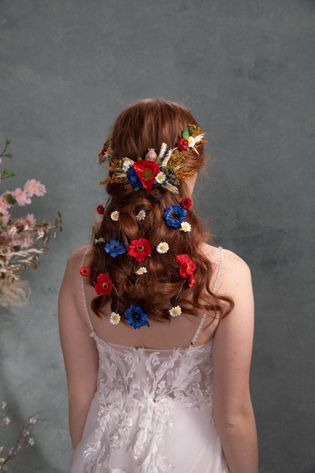 Folk Bridal Flower Hair Vine: Poppy, Cornflower, Daisy Veil – handmade floral hair accessory by magaela