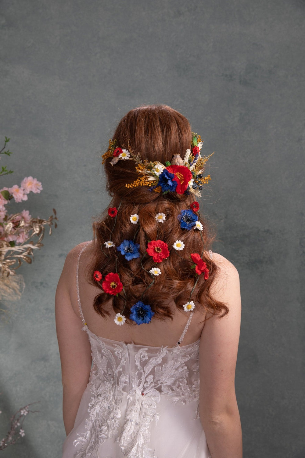 Folk Bridal Flower Hair Vine: Poppy, Cornflower, Daisy Veil – handmade floral hair accessory by magaela
