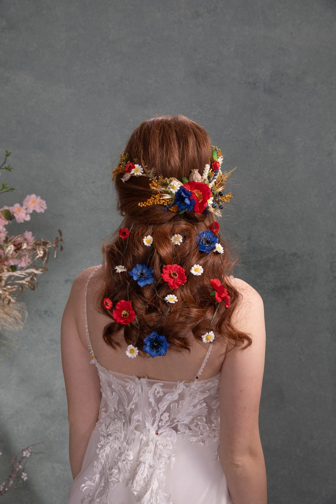 Folk Bridal Flower Hair Vine: Poppy, Cornflower, Daisy Veil – handmade floral hair accessory by magaela