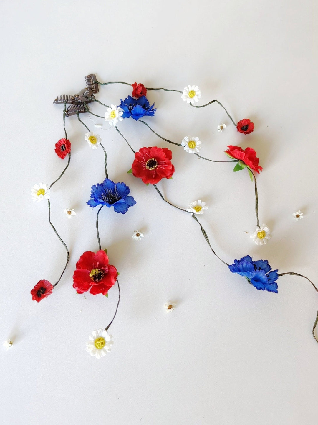 Folk Bridal Flower Hair Vine: Poppy, Cornflower, Daisy Veil – handmade floral hair accessory by magaela