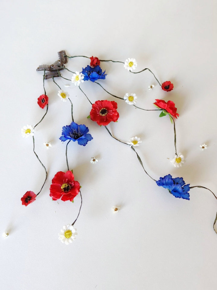 Folk Bridal Flower Hair Vine: Poppy, Cornflower, Daisy Veil – handmade floral hair accessory by magaela
