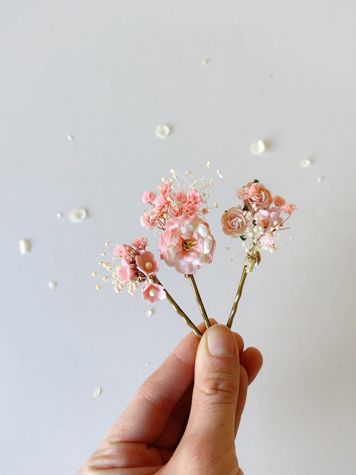 Pink Flower Hairpins: Romantic Bridal Hair Accessories – handmade floral hair accessory by magaela