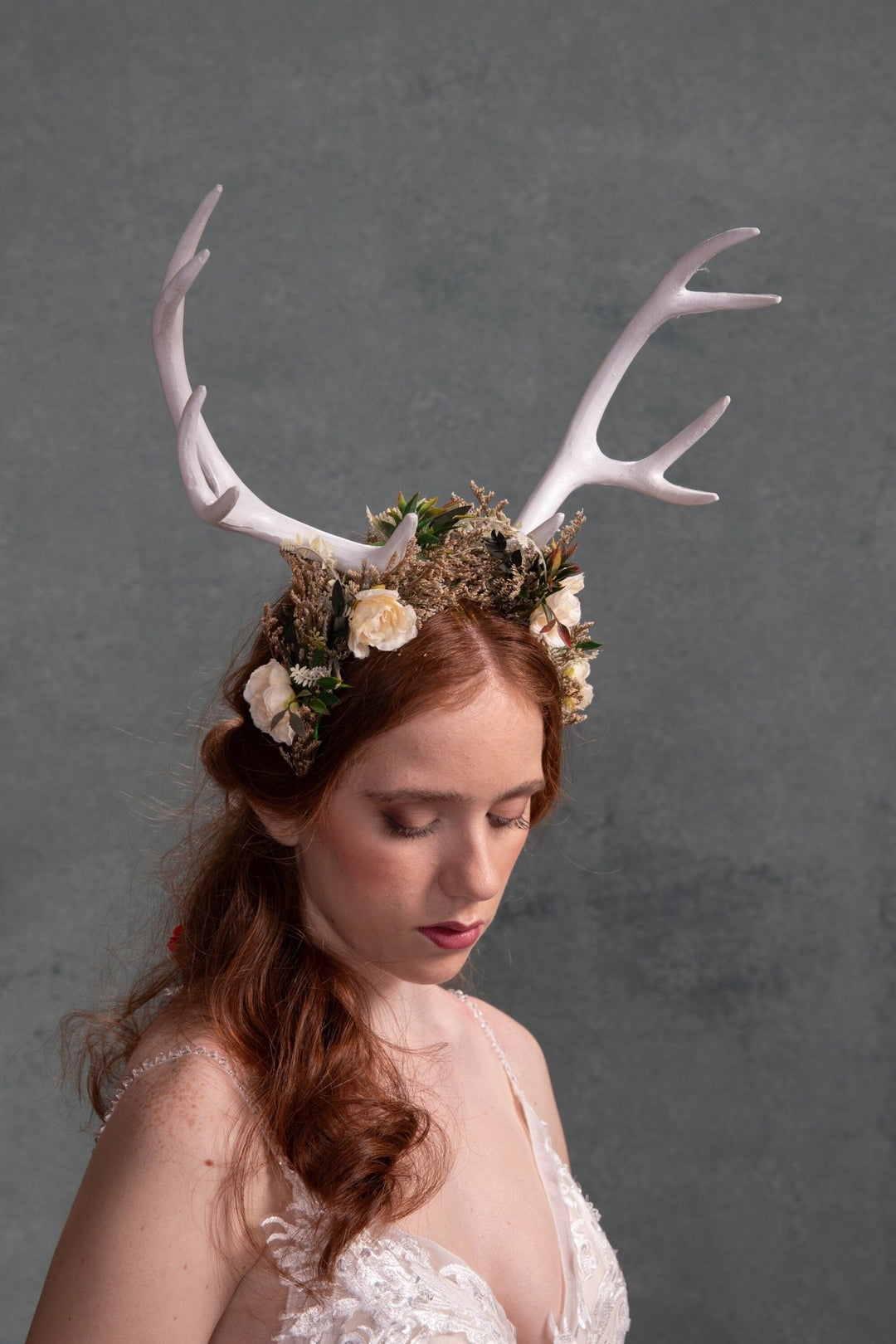 Floral Deer Antler Crown: Ivory Horns, Woodland Headpiece – handmade floral hair accessory by magaela