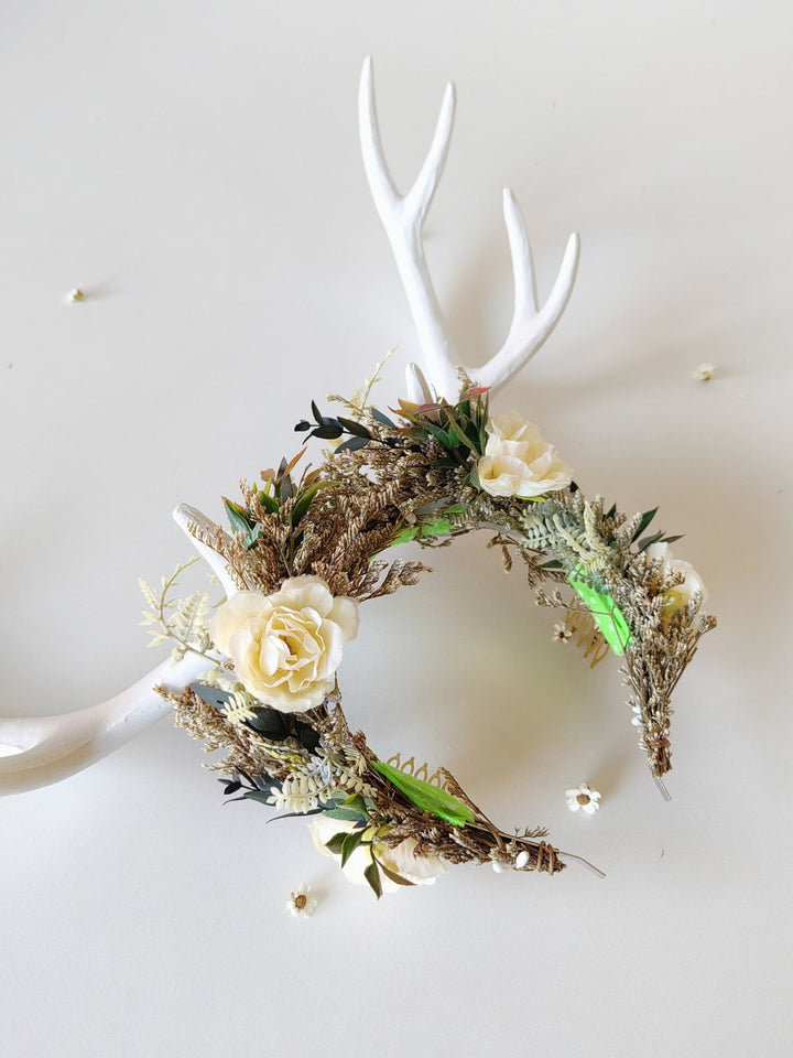 Floral Deer Antler Crown: Ivory Horns, Woodland Headpiece – handmade floral hair accessory by magaela
