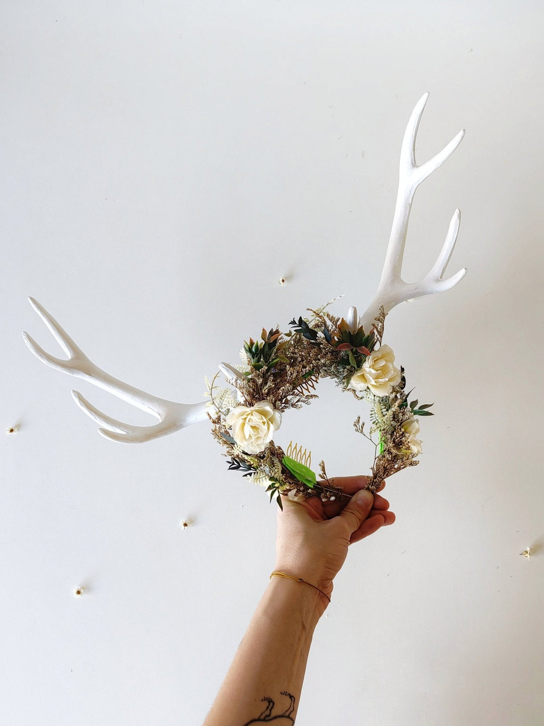 Floral Deer Antler Crown: Ivory Horns, Woodland Headpiece – handmade floral hair accessory by magaela
