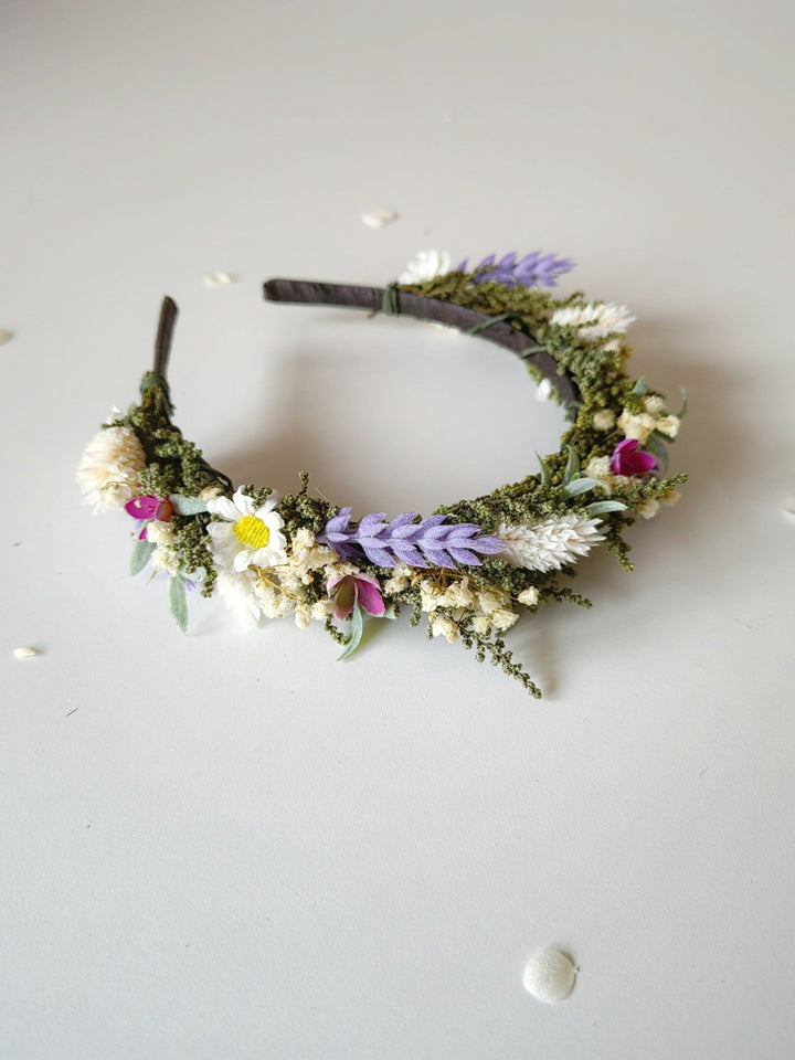 Lavender Daisy Flower Crown: Bridal Meadow Headpiece – handmade floral hair accessory by magaela