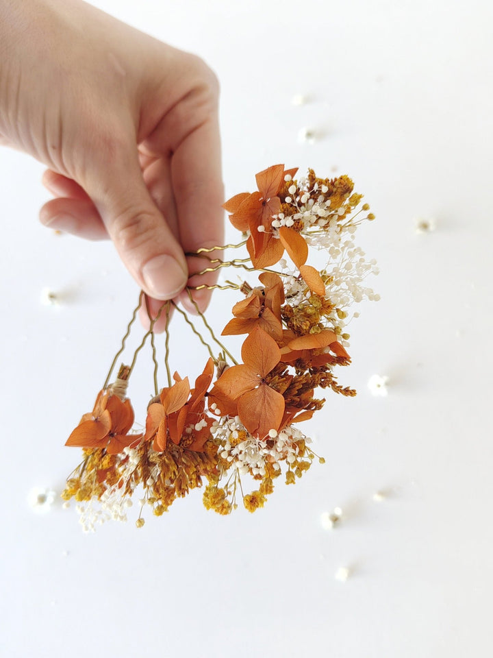 Terracotta Hydrangea Hairpins: Dried Flower Bridal Hair Accessories – handmade floral hair accessory by magaela