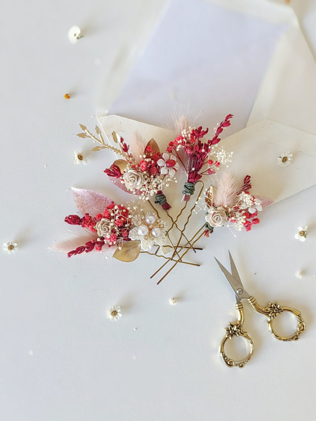 Red and Gold Flower Hair Pins: Glam Wedding Hair Accessories – handmade floral hair accessory by magaela