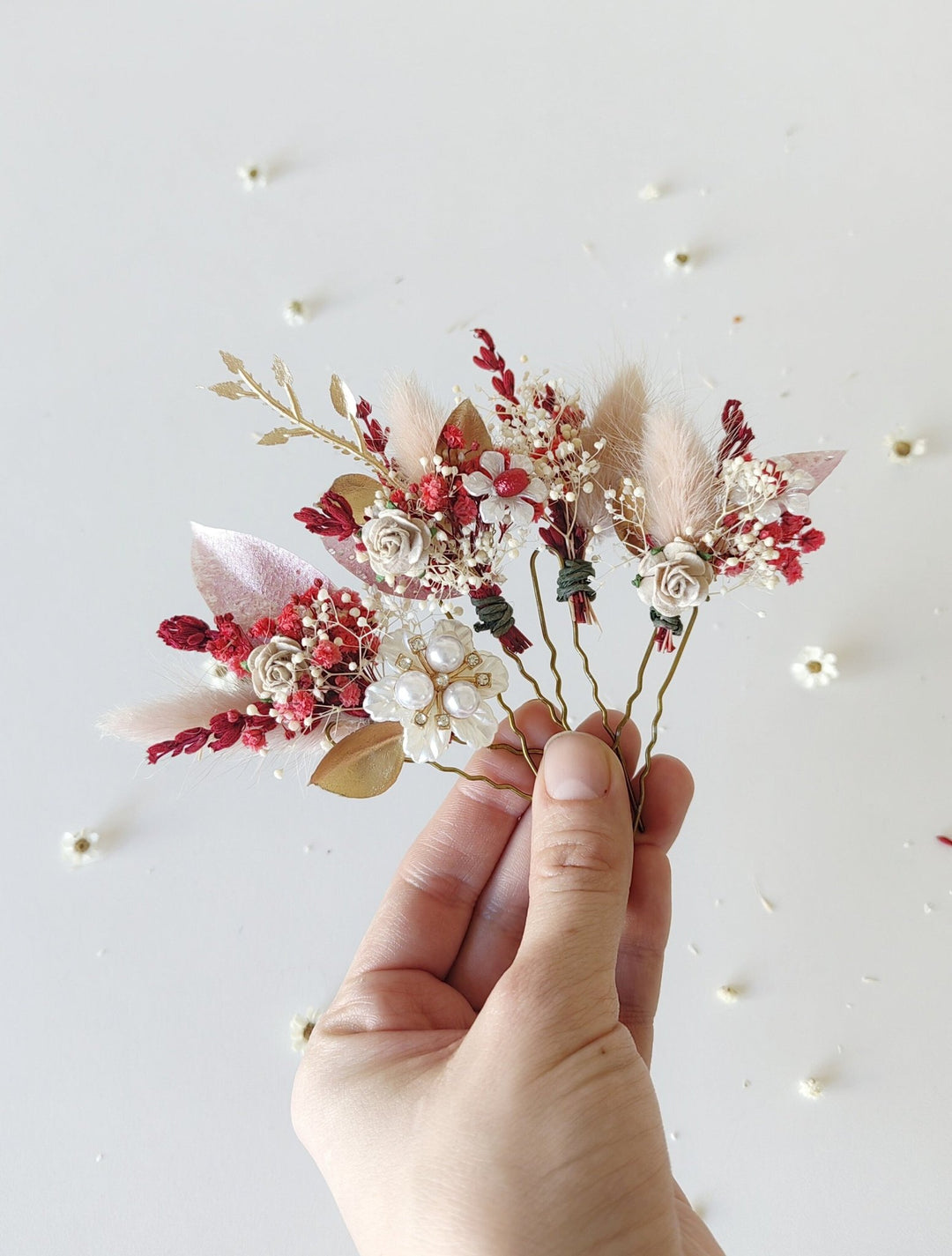 Red and Gold Flower Hair Pins: Glam Wedding Hair Accessories – handmade floral hair accessory by magaela