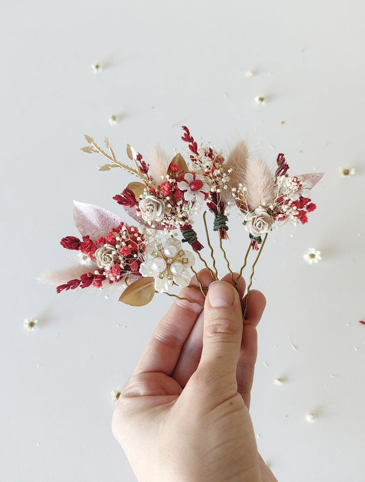 Red and Gold Flower Hair Pins: Glam Wedding Hair Accessories – handmade floral hair accessory by magaela