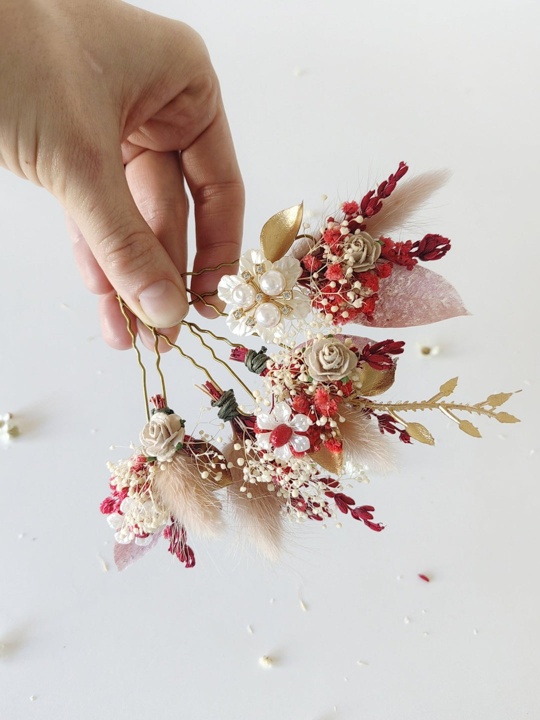 Red and Gold Flower Hair Pins: Glam Wedding Hair Accessories – handmade floral hair accessory by magaela