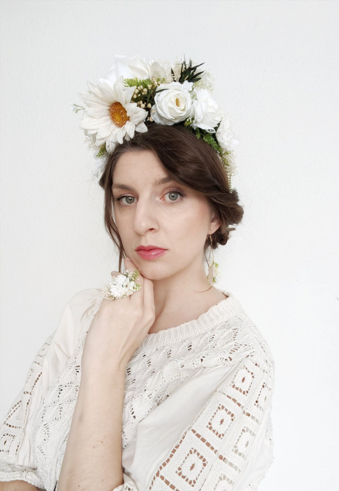 White Cream Flower Crown: Double - Sided Frida Headband – handmade floral hair accessory by magaela