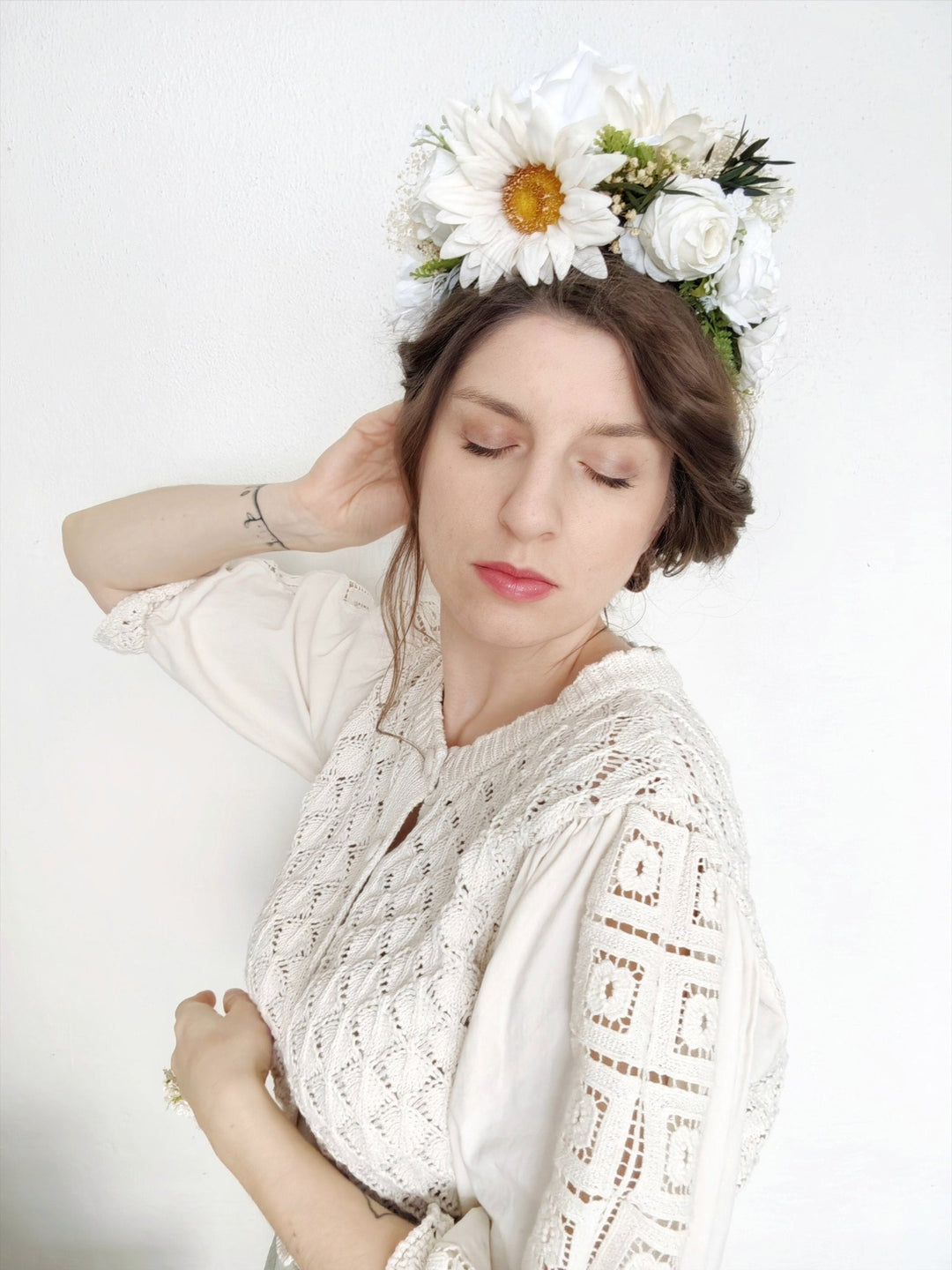 White Cream Flower Crown: Double - Sided Frida Headband – handmade floral hair accessory by magaela