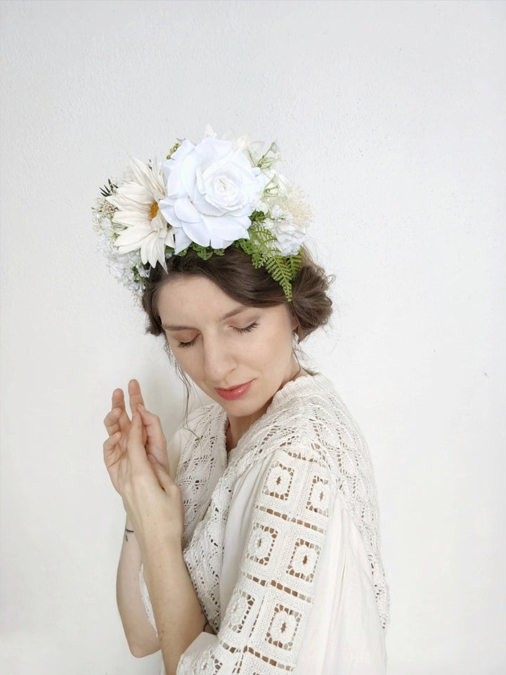 White Cream Flower Crown: Double - Sided Frida Headband – handmade floral hair accessory by magaela
