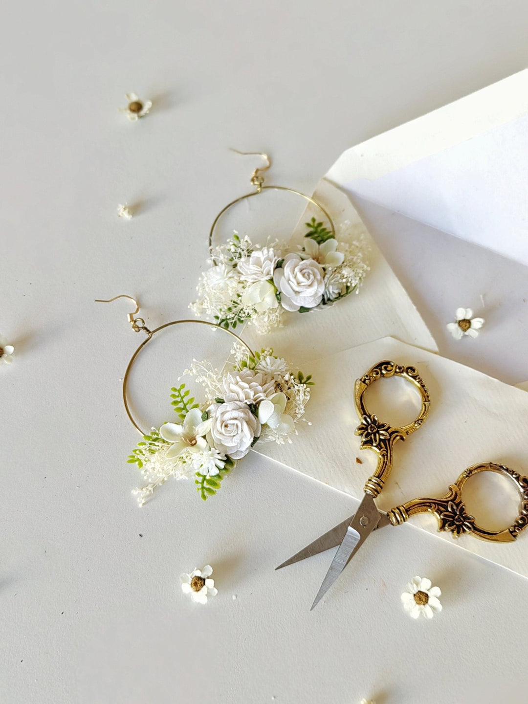 White Flower Circle Bridal Earrings: Wedding Jewelry – handmade floral hair accessory by magaela