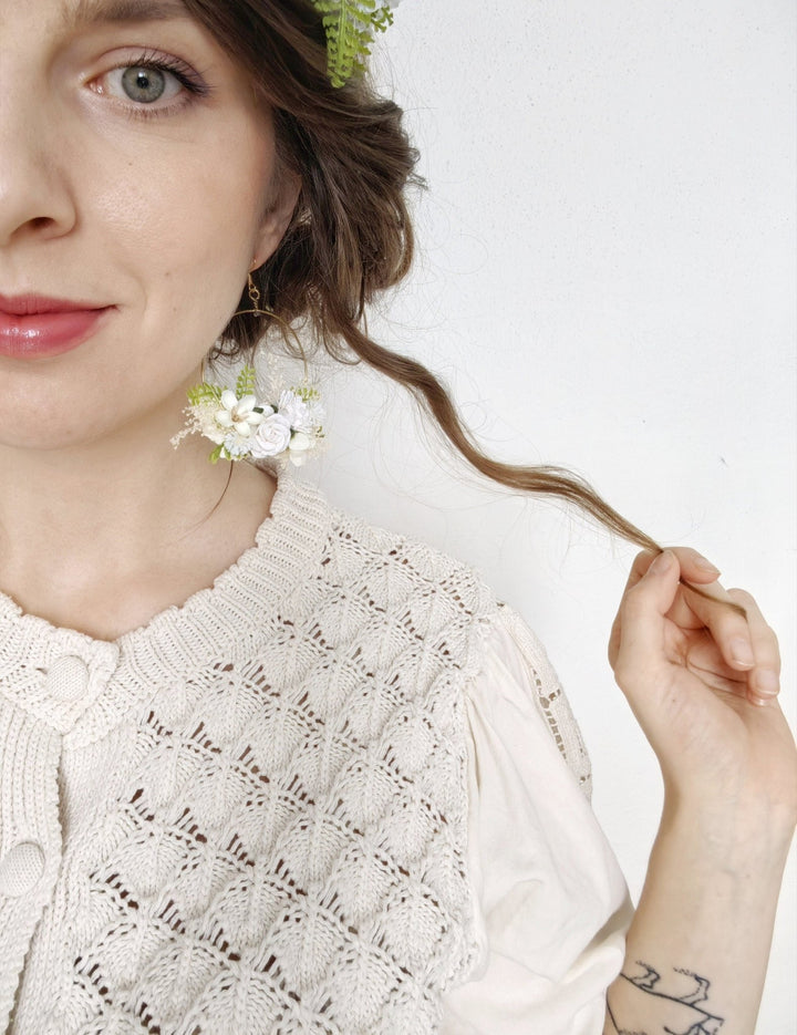 White Flower Circle Bridal Earrings: Wedding Jewelry – handmade floral hair accessory by magaela