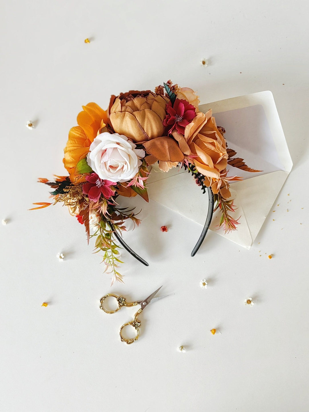 Terracotta Flower Headband: Frida Hair Crown, Double Sided Wedding Hairband – handmade floral hair accessory by magaela