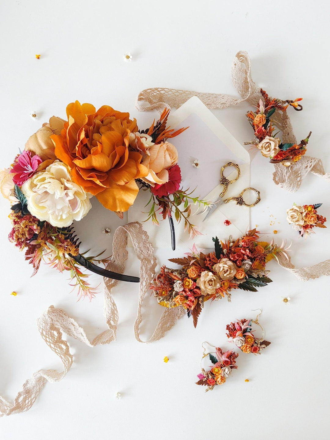 Terracotta Flower Headband: Frida Hair Crown, Double Sided Wedding Hairband – handmade floral hair accessory by magaela