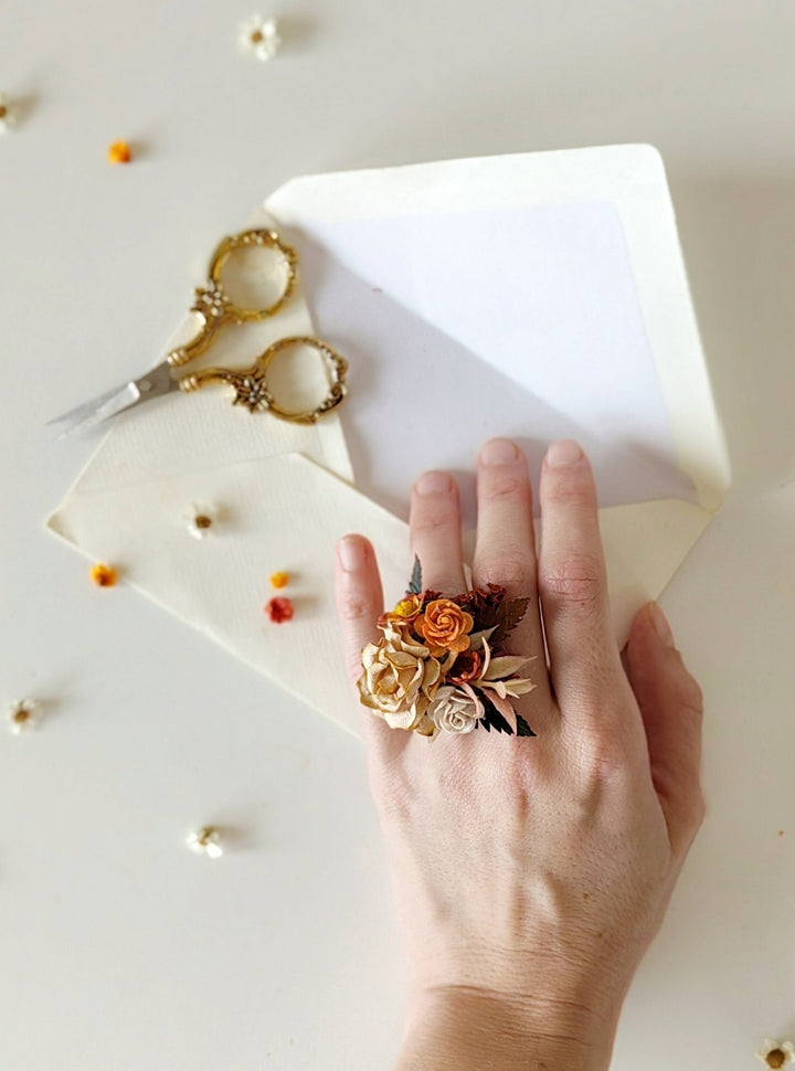 Terracotta Floral Ring: Adjustable Autumn Wedding Jewelry – handmade floral hair accessory by magaela