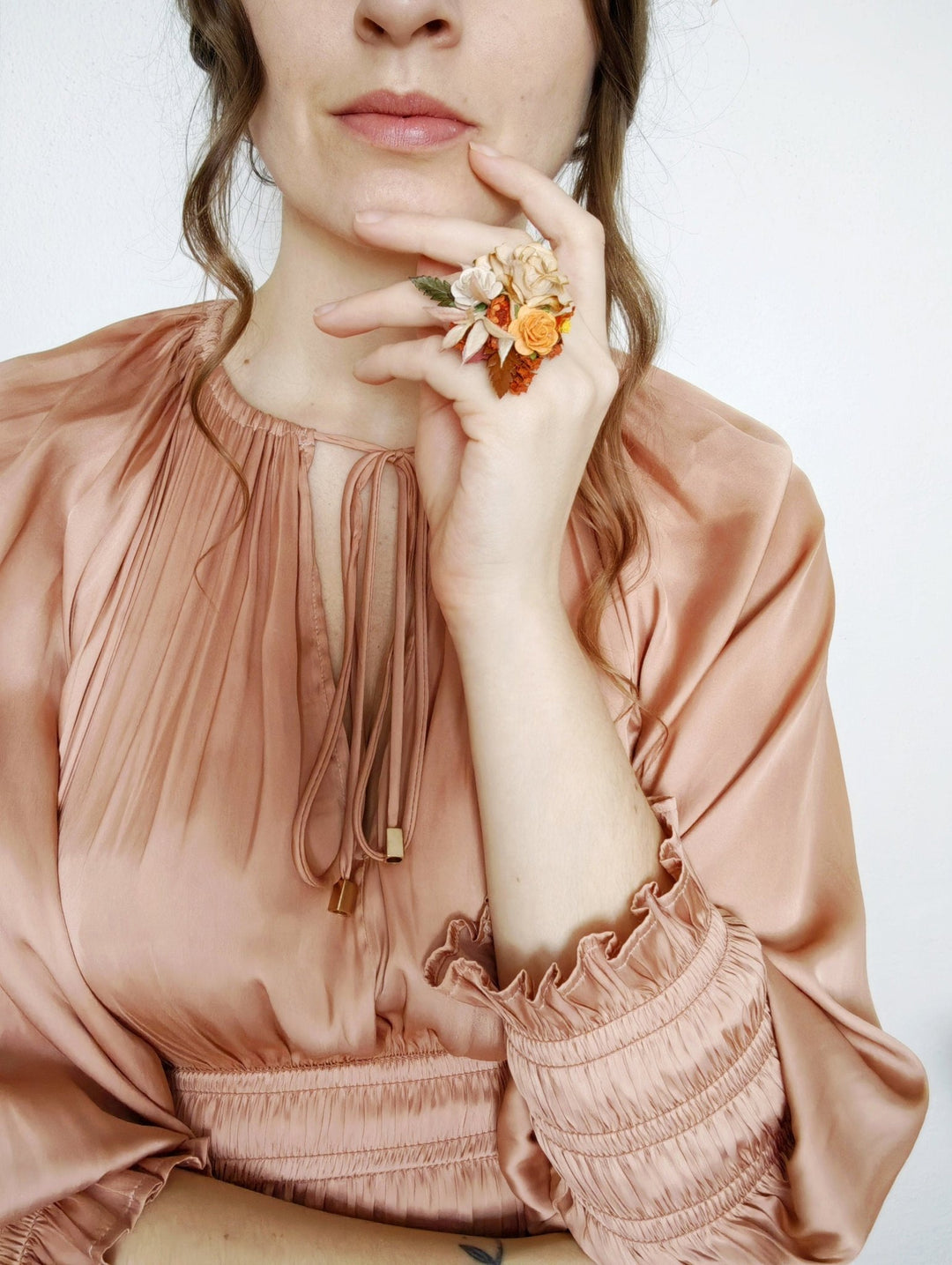 Terracotta Floral Ring: Adjustable Autumn Wedding Jewelry – handmade floral hair accessory by magaela