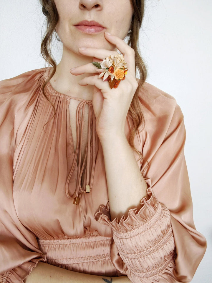 Terracotta Floral Ring: Adjustable Autumn Wedding Jewelry – handmade floral hair accessory by magaela