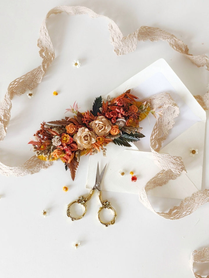 Terracotta Flower Belt: Burnt Orange Autumn Wedding Bridal Dress Belt – handmade floral hair accessory by magaela