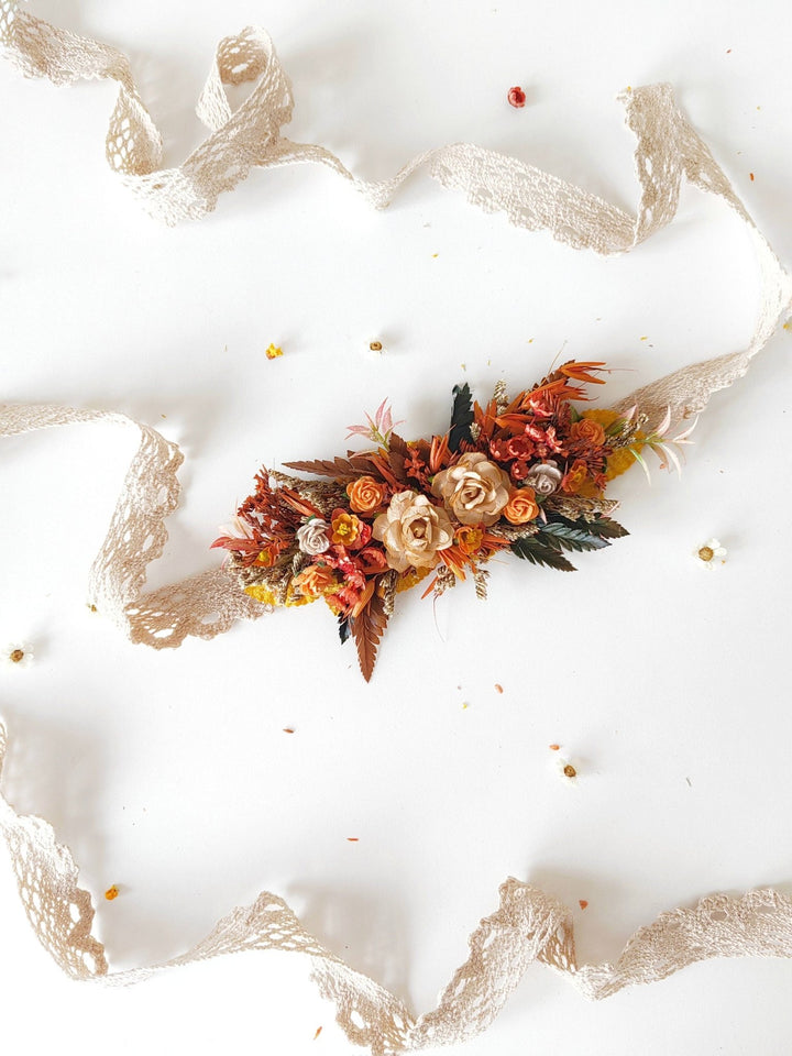 Terracotta Flower Belt: Burnt Orange Autumn Wedding Bridal Dress Belt – handmade floral hair accessory by magaela