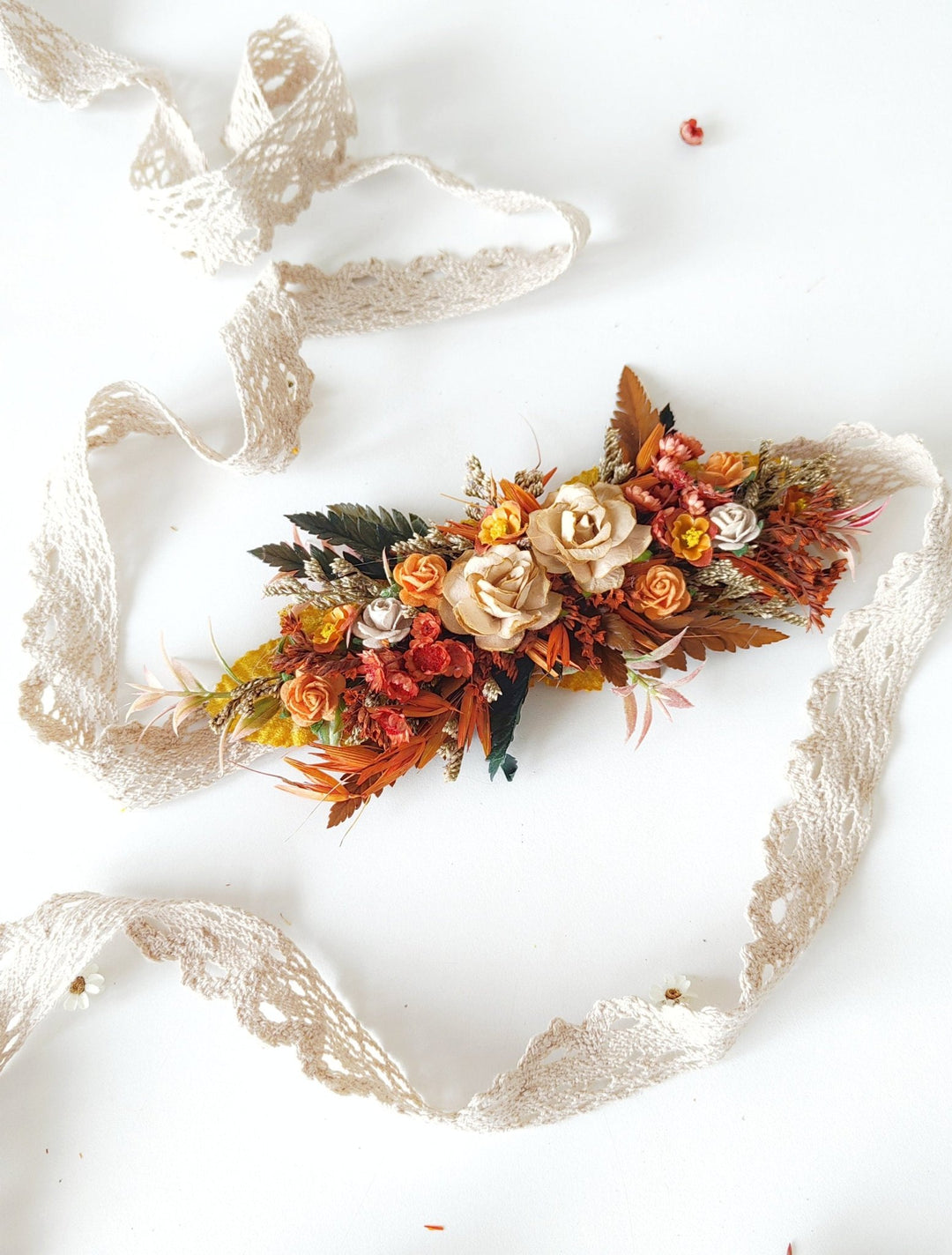 Terracotta Flower Belt: Burnt Orange Autumn Wedding Bridal Dress Belt – handmade floral hair accessory by magaela