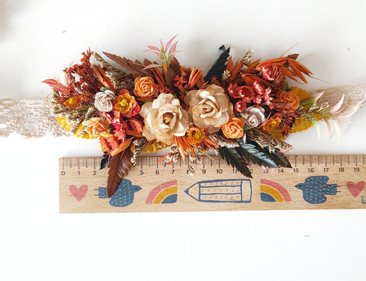 Terracotta Flower Belt: Burnt Orange Autumn Wedding Bridal Dress Belt – handmade floral hair accessory by magaela